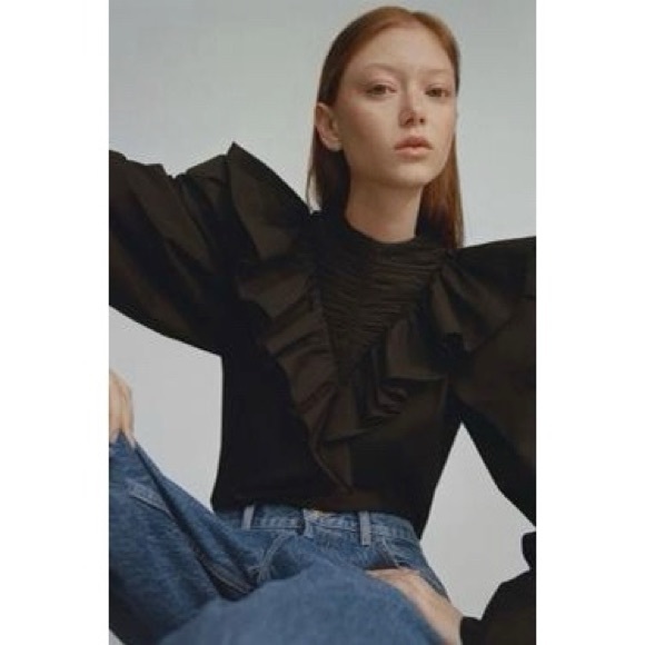 NWT ZARA ruffled poplin black shirt top - Picture 4 of 11